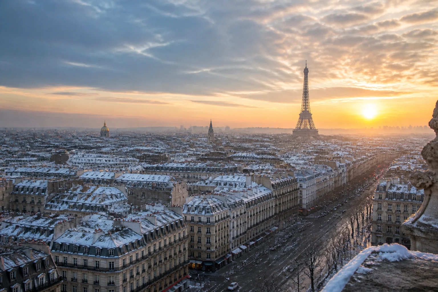 Vue hivernale de Paris avec la Tour Eiffel en arrière-plan