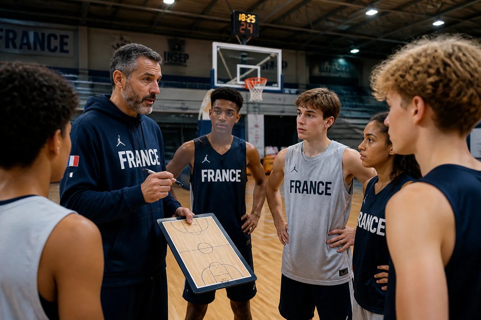 Jeunes basketteurs écoutant les consignes d'un entraîneur lors d'un camp à Paris